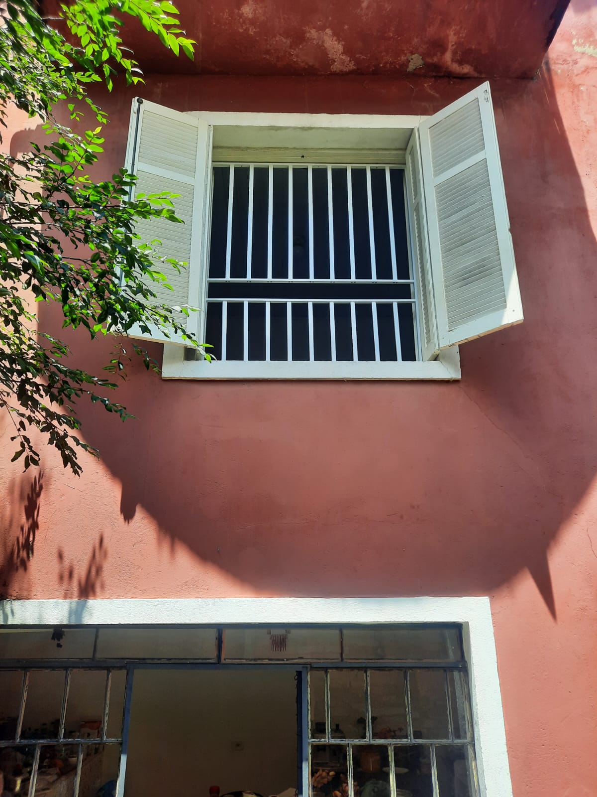 Proteção de janela instalada na parte externa com venezianas abertas.